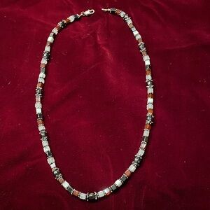 Vintage Glass Beaded Women's Necklace - Red, Black, white and Silver Accents
